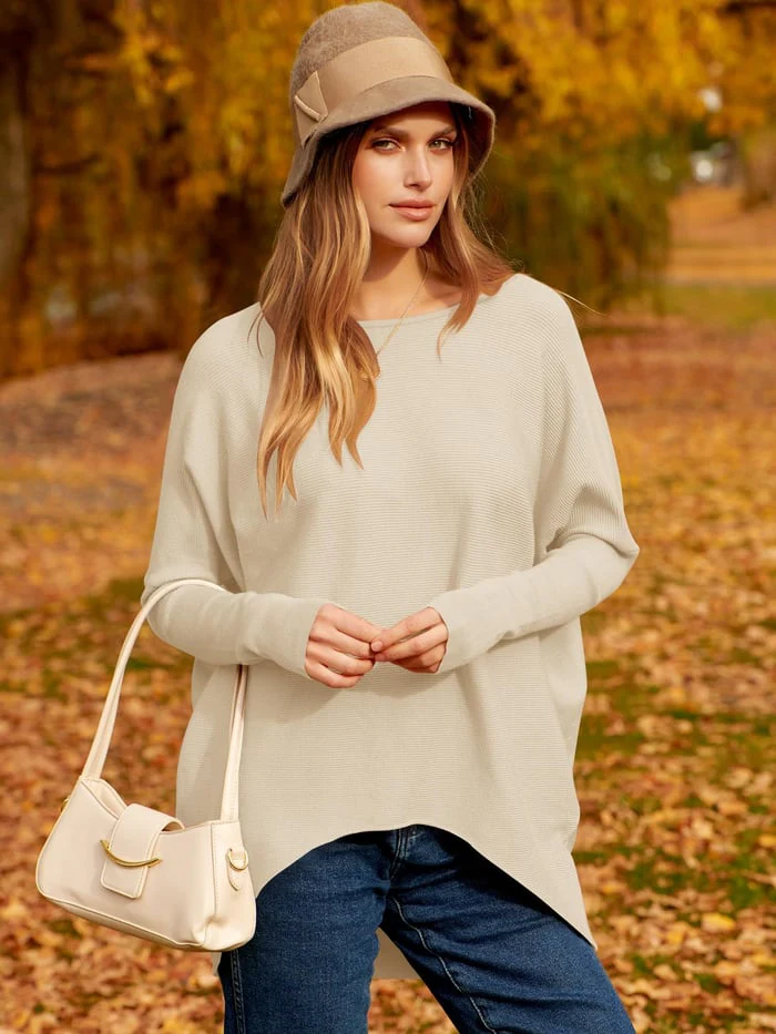 Pull Femme Oversize en Maille Douce Mélange Laine Manches Longues Longueur au Niveau des Hanches