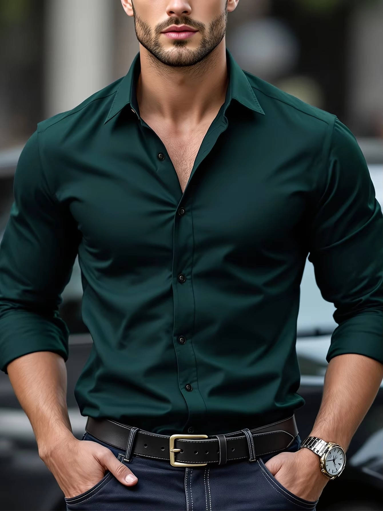 Chemise Homme Slim Fit À Manches Longues Boutonnée Avec Poignets Pour Bureau Et Casual