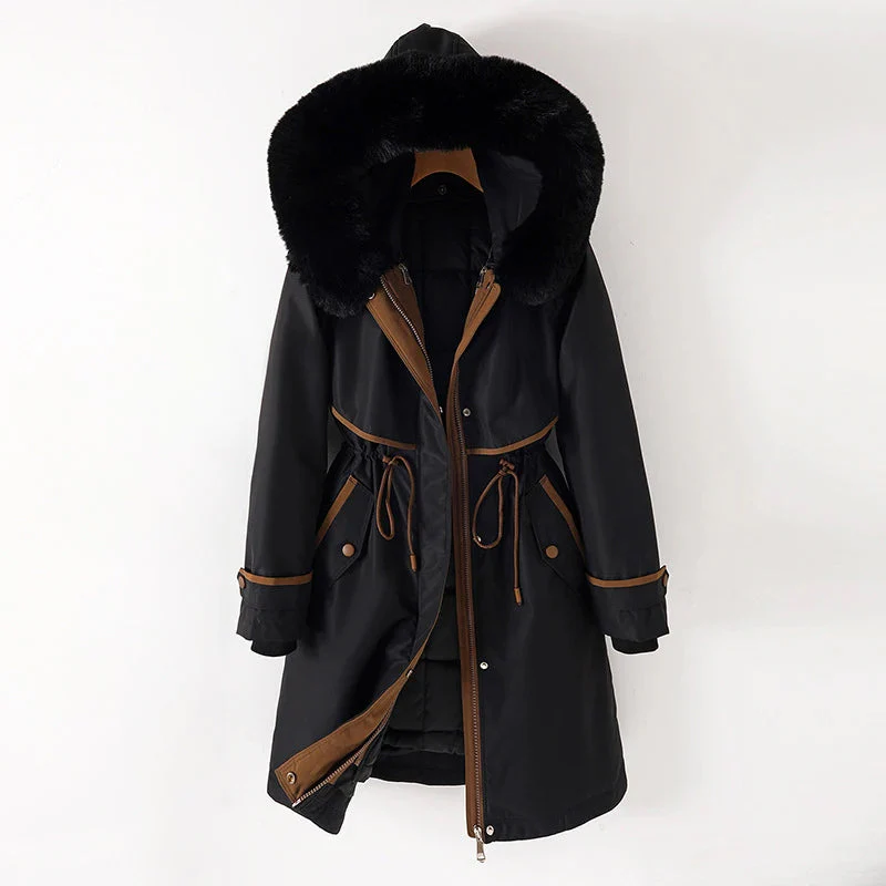 Veste Parka Pour Femme Coupe Ajustée Capuche Bordée de Fourrure Doublure Matelassée Fermeture Éclair