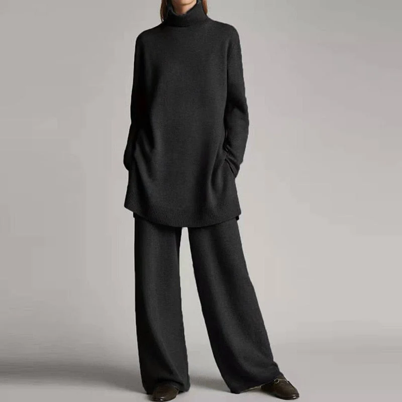 Ensemble Loungewear Deux Pièces Femme Haut Col Roulé Maille Mélange Laine Coupe Oversize Pantalon Large