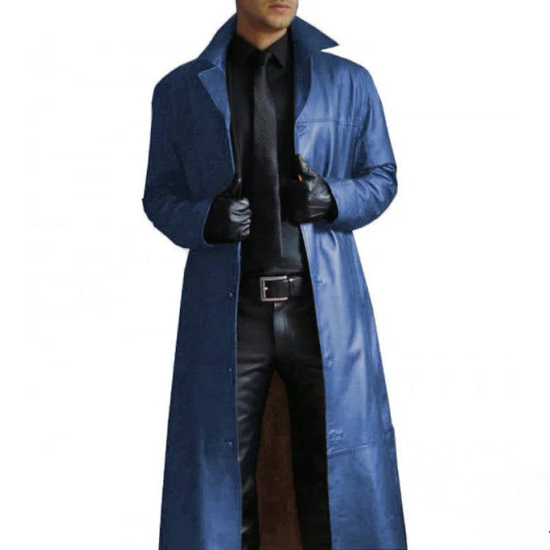 Manteau Trench Long en Cuir Homme Premium Plein Grain Classique Résistant au Vent