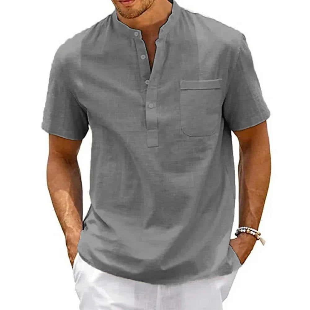 Chemise Lin Homme Henley À Manches Courtes Décontractée Été Poche Poitrine Beige