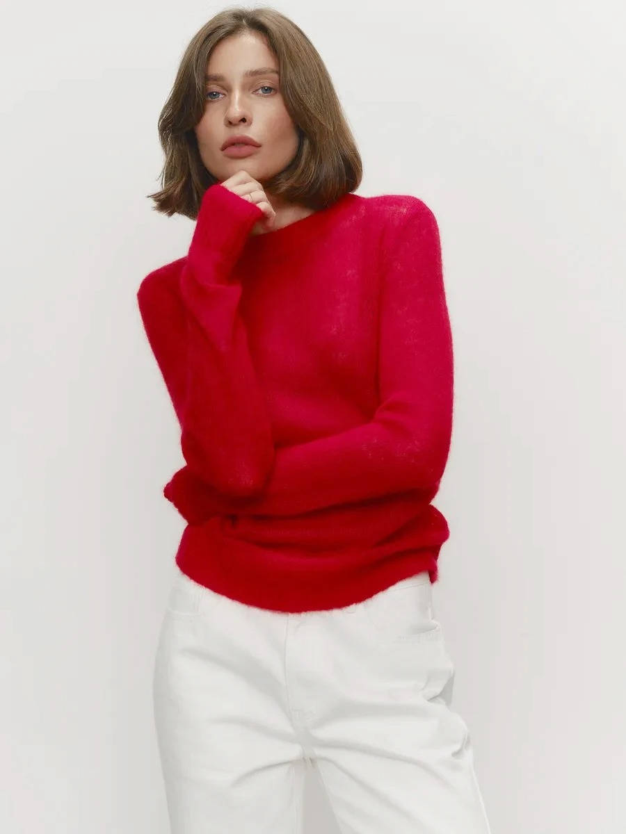 Pull Femme En Maille Mohair Léger Col Rond Manches Longues Pour Décontracté Et Chic