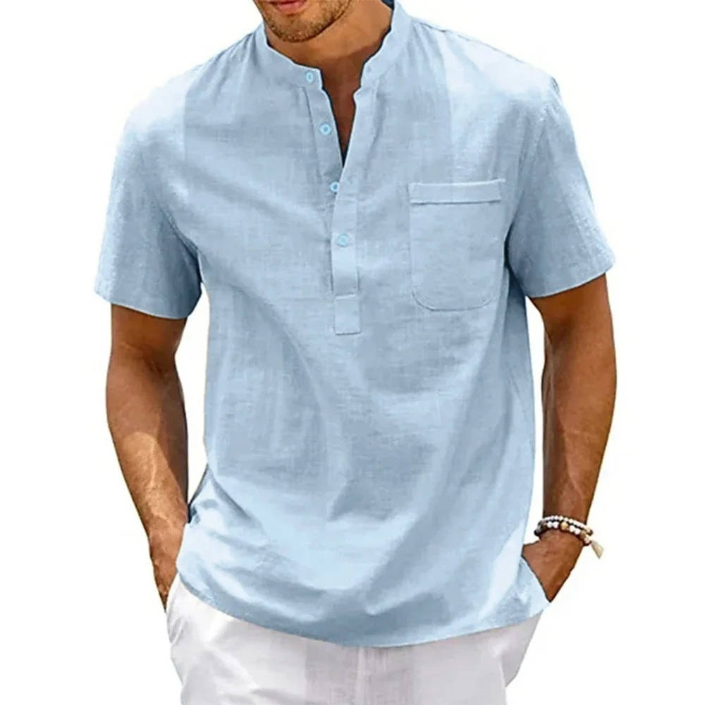 Chemise Lin Homme Henley À Manches Courtes Décontractée Été Poche Poitrine Beige