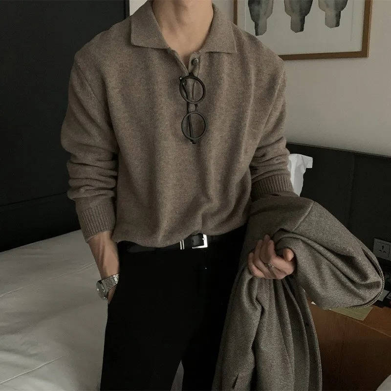 Pull Pour Homme À Col Polo Manches Longues Style Coréen Noir Polyvalent Décontracté Quotidien