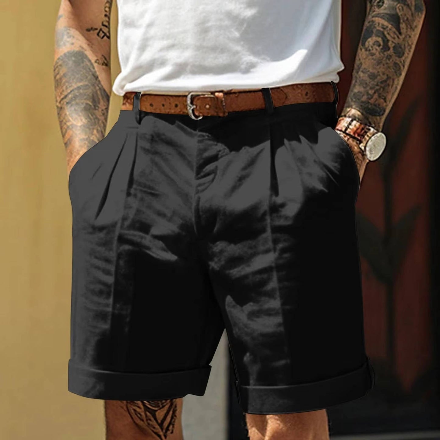 Shorts Homme Blanc Classique À Plis En Mélange Coton Lin Avec Ourlet Replié Pour Confort Quotidien