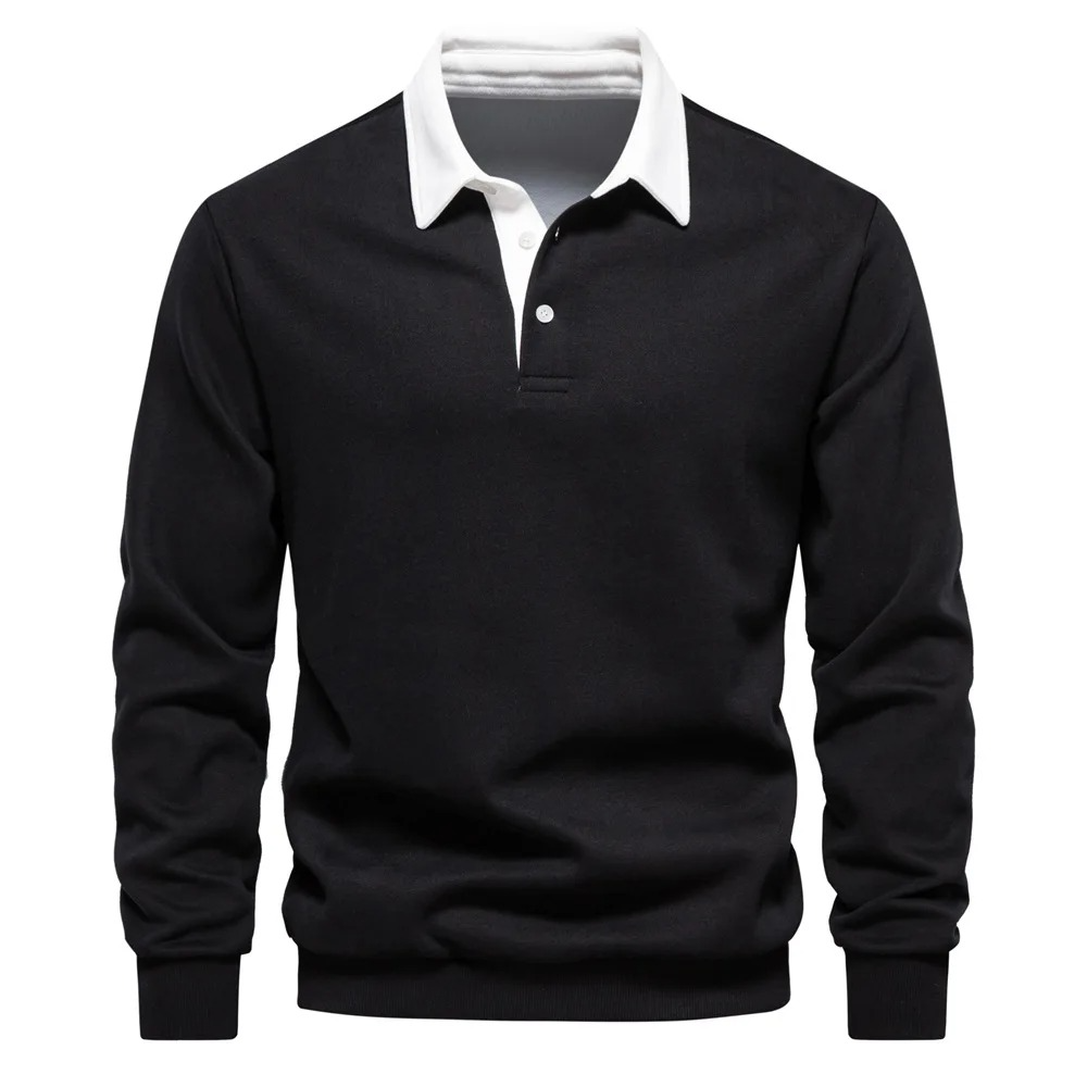 Polo Homme À Manches Longues En Mélange Coton Confort Coupe Décontractée Pour Quotidien Col Blanc