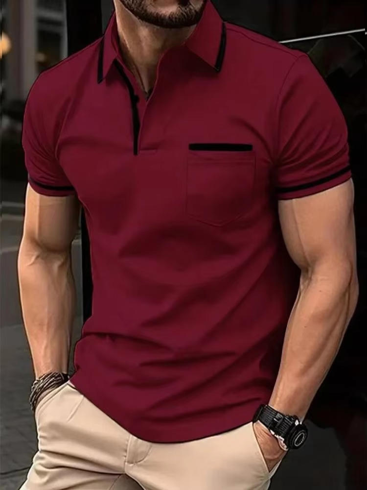 Polo Homme Manches Courtes Avec Poche Poitrine Amawinc En Mélange Coton Respirant Et Résistant Aux Plis Pour Le Travail Et Les Loisirs