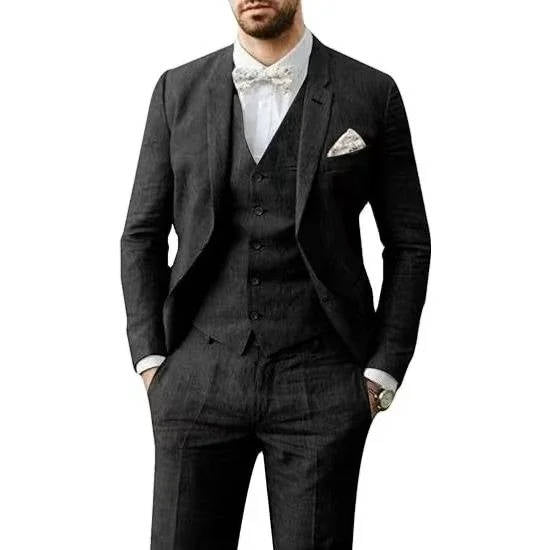 Costume Lin Décontracté Trois Pièces Pour Homme Avec Gilet Bleu Clair Pour Mariages D'Été Par Amawinc