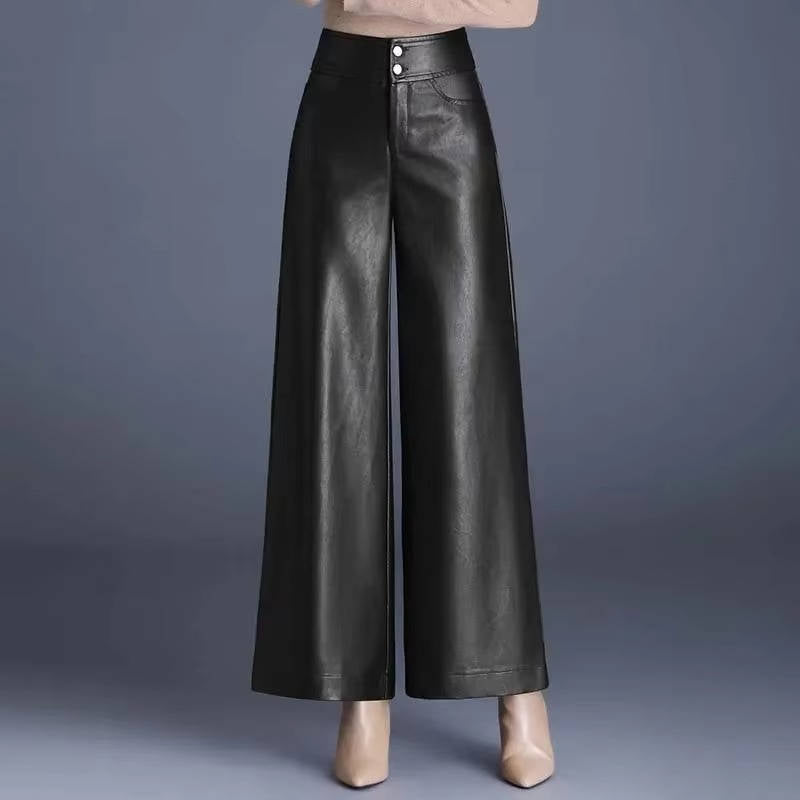Pantalon Évasé pour Femme en Cuir Synthétique à Jambe Large pour Quotidien et Sorties
