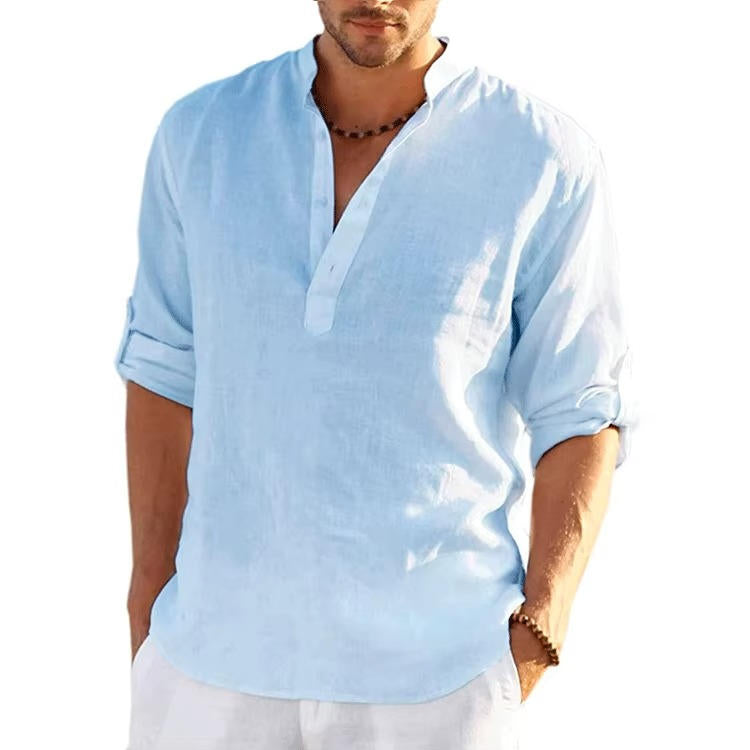 Chemise Henley En Lin Pour Homme Avec Manches Roulées Respirante Légère Décontractée Été Par Amawinc