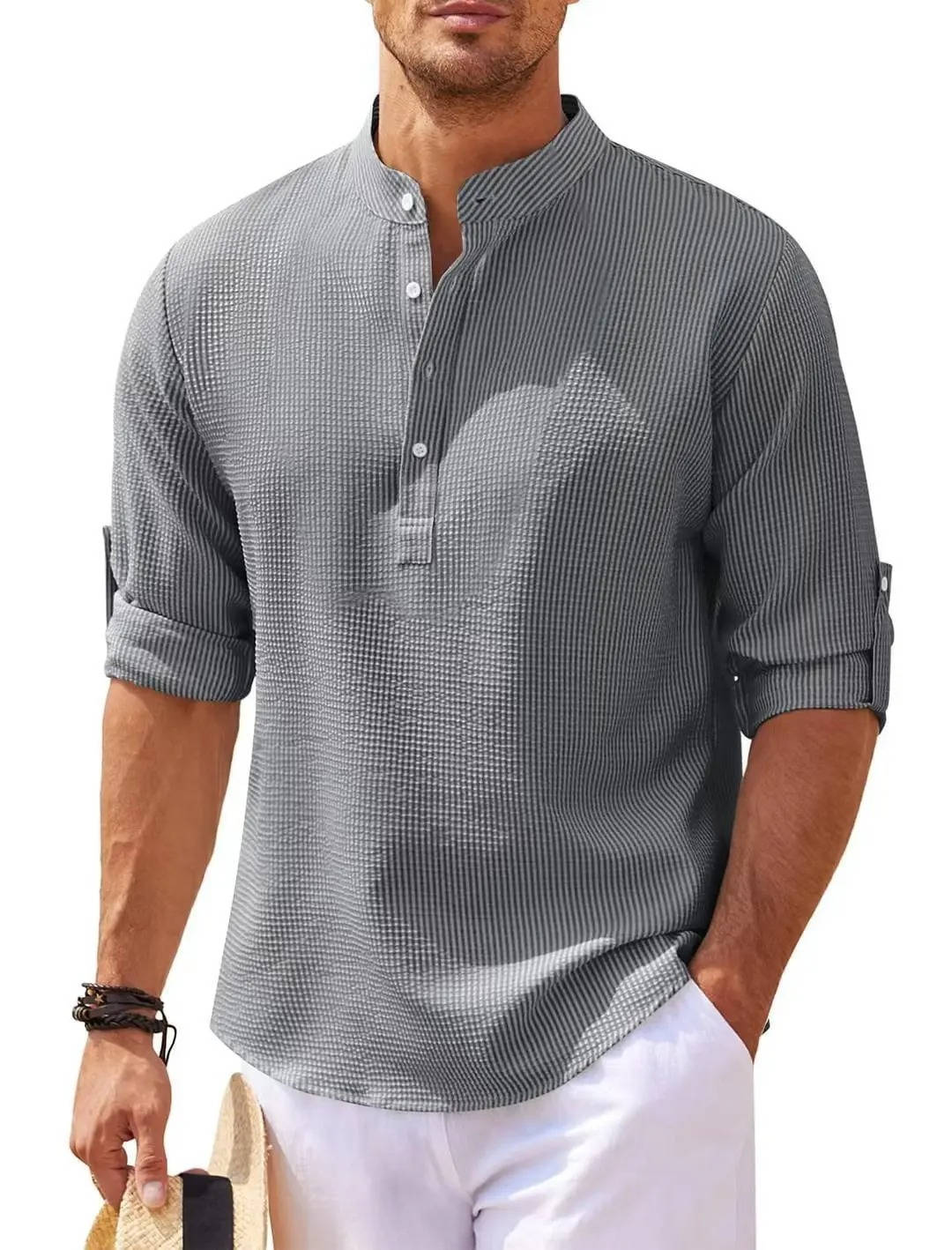 Chemise Henley Texturée À Maille Gauffrée Beige Manches Retroussées Pour Confort Décontracté Quotidien