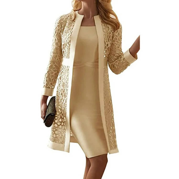 Robe Fourreau Mi Long Pour Mère de la Mariée Avec Veste en Dentelle Floral Amawinc Élégante Ensemble Deux Pièces