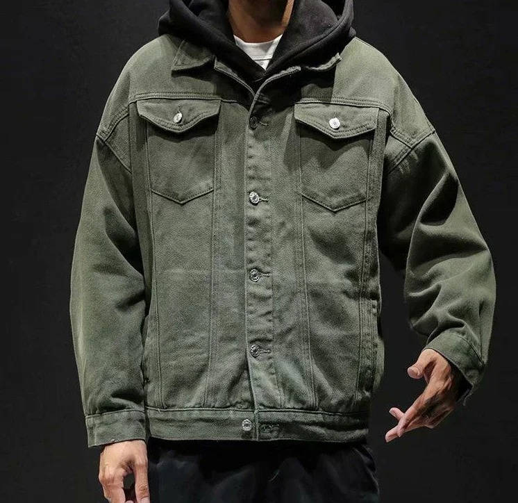 Veste En Jean Pour Homme Vert Olive Avec Boutons Devant Et Poches Poitrine Classiques
