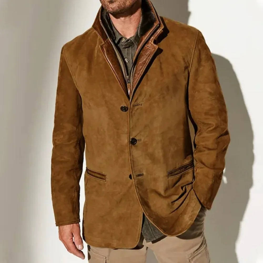 Veste Blazer En Suède Pour Homme Amawinc Olive Marron Avec Garniture En Cuir Élégante Décontractée