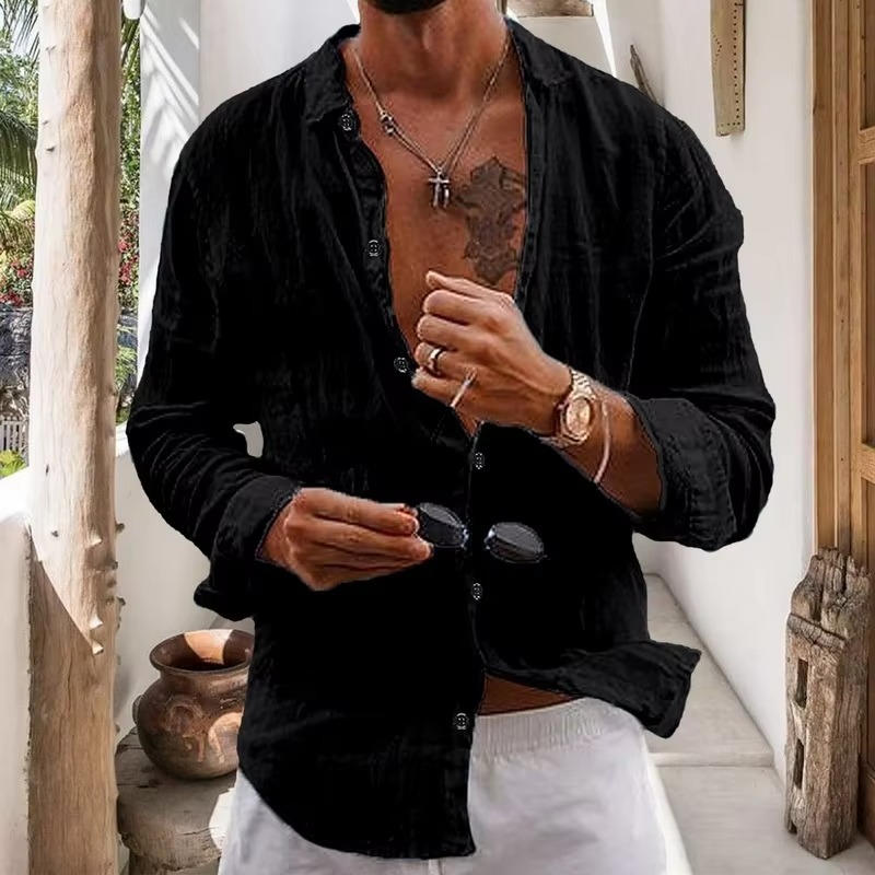 Chemise Homme En Lin Respirante À Manches Longues Légère Décontractée Pour Quotidien Beige Naturel