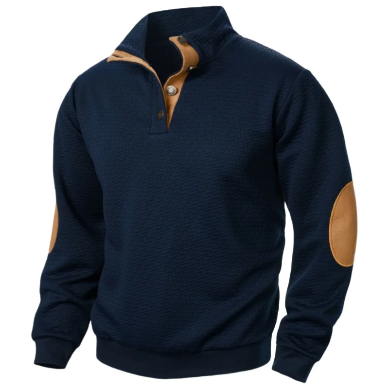 Amawinc Sweatshirt Décontracté Homme Col Montant Texturé et Patchs aux Coudes Confort Quotidien