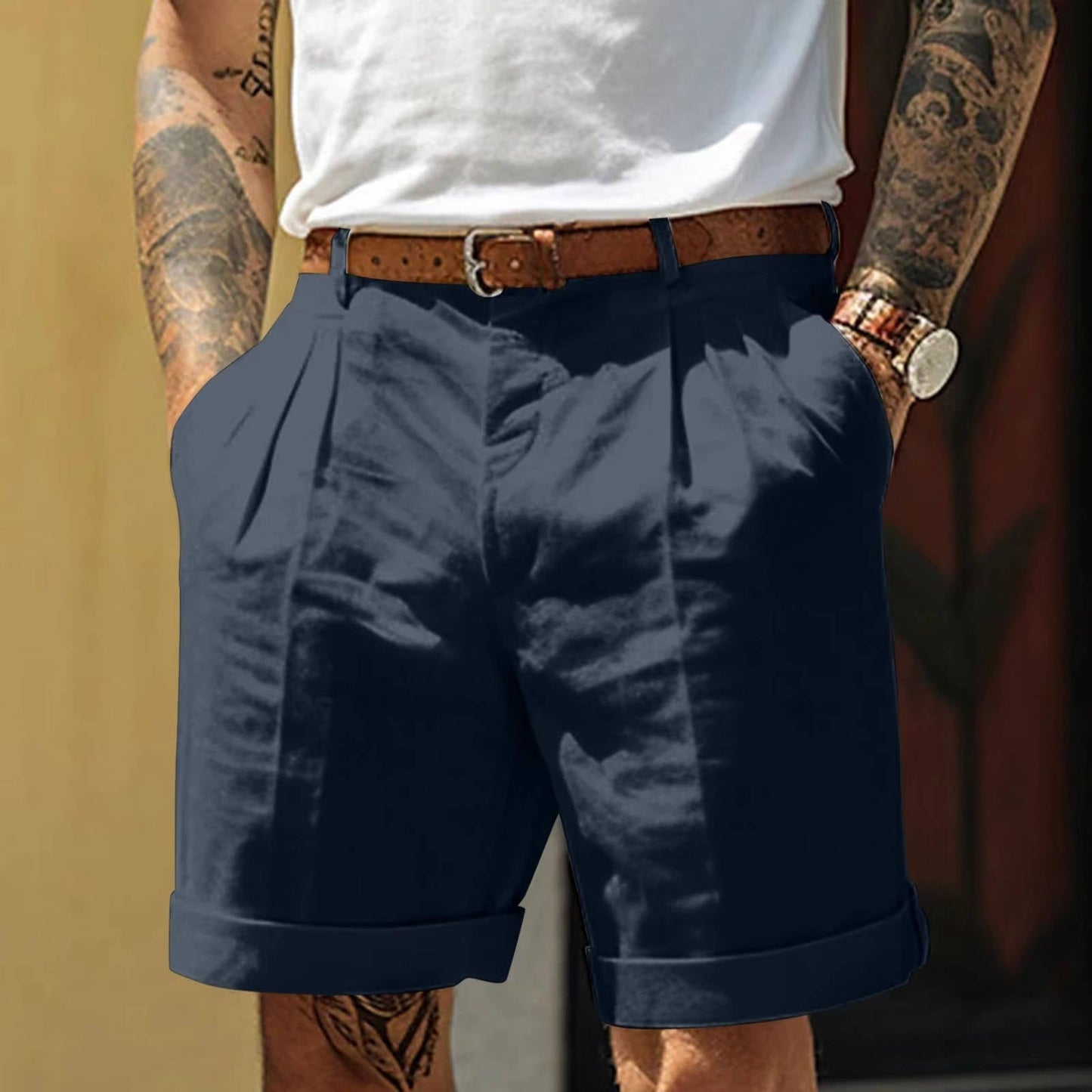 Shorts Homme Blanc Classique À Plis En Mélange Coton Lin Avec Ourlet Replié Pour Confort Quotidien