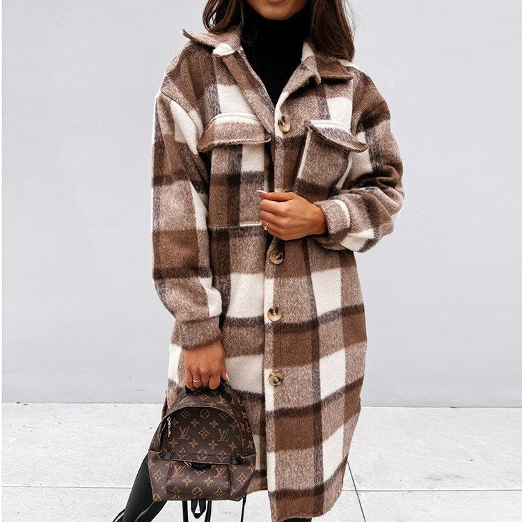 Manteau Femme En Mélange De Laine Amawinc Longue Silhouette Motif À Carreaux Fermeture À Boutons Classique