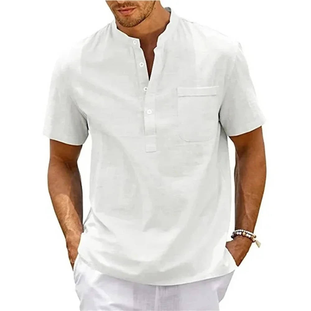Chemise Lin Homme Henley À Manches Courtes Décontractée Été Poche Poitrine Beige