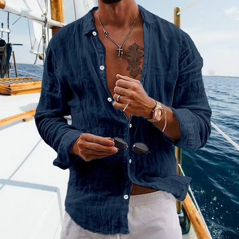 Chemise Homme En Lin Respirante À Manches Longues Légère Décontractée Pour Quotidien Beige Naturel