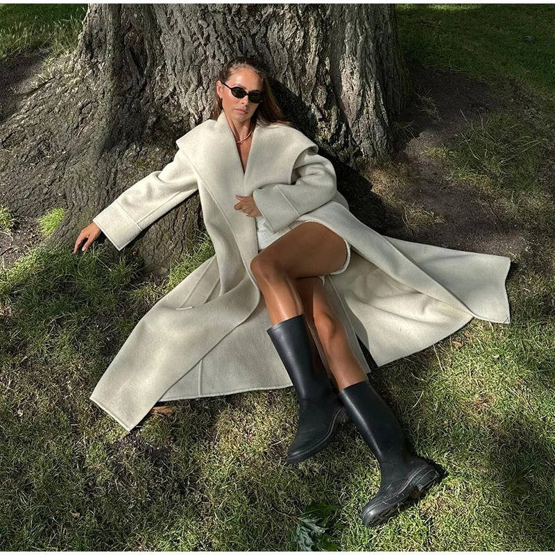 Manteau Long en Laine à Lacets pour Femme avec Fermeture Double Boutonnage Amawinc