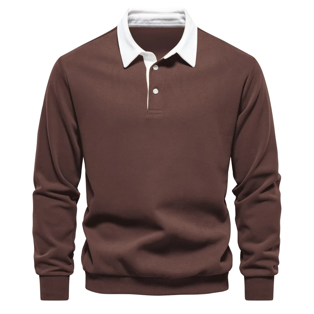 Polo Homme À Manches Longues En Mélange Coton Confort Coupe Décontractée Pour Quotidien Col Blanc