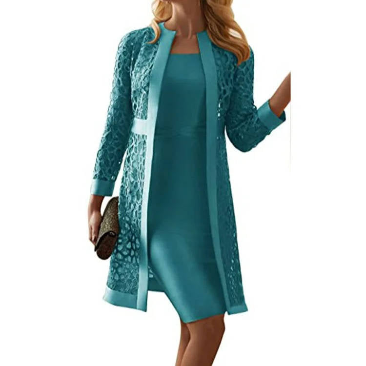 Robe Fourreau Mi Long Pour Mère de la Mariée Avec Veste en Dentelle Floral Amawinc Élégante Ensemble Deux Pièces