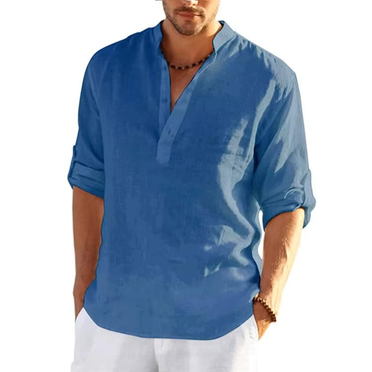 Chemise Henley En Lin Pour Homme Avec Manches Roulées Respirante Légère Décontractée Été Par Amawinc