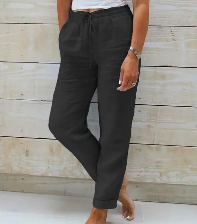 Pantalon Femme En Lin À Taille Élastique Confort Estival Décontracté Pour Sorties