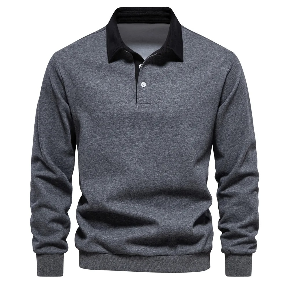 Polo Homme À Manches Longues En Mélange Coton Confort Coupe Décontractée Pour Quotidien Col Blanc