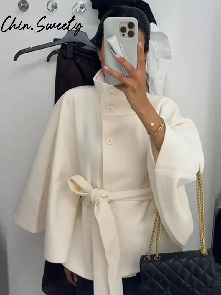 Veste Cape Femme En Laine Mélange Col Haut Ceinture Drapée Pour Automne Et Hiver Amawinc