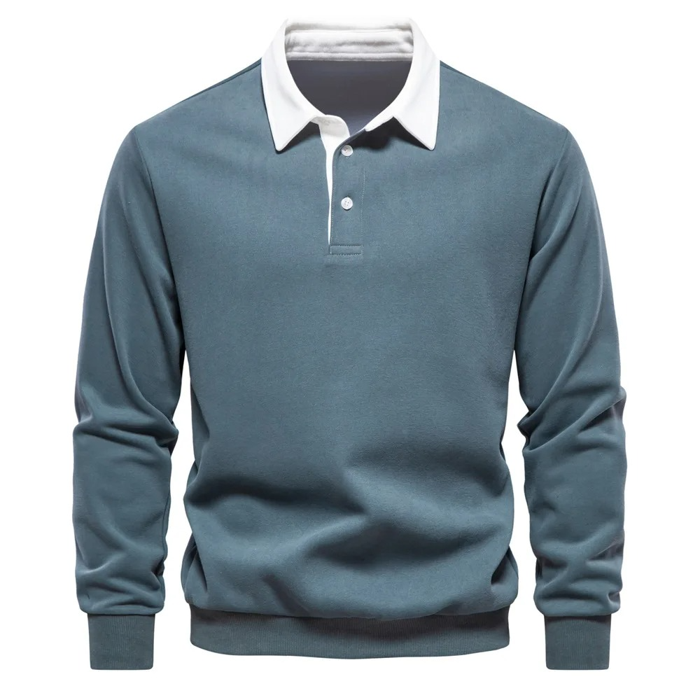 Polo Homme À Manches Longues En Mélange Coton Confort Coupe Décontractée Pour Quotidien Col Blanc