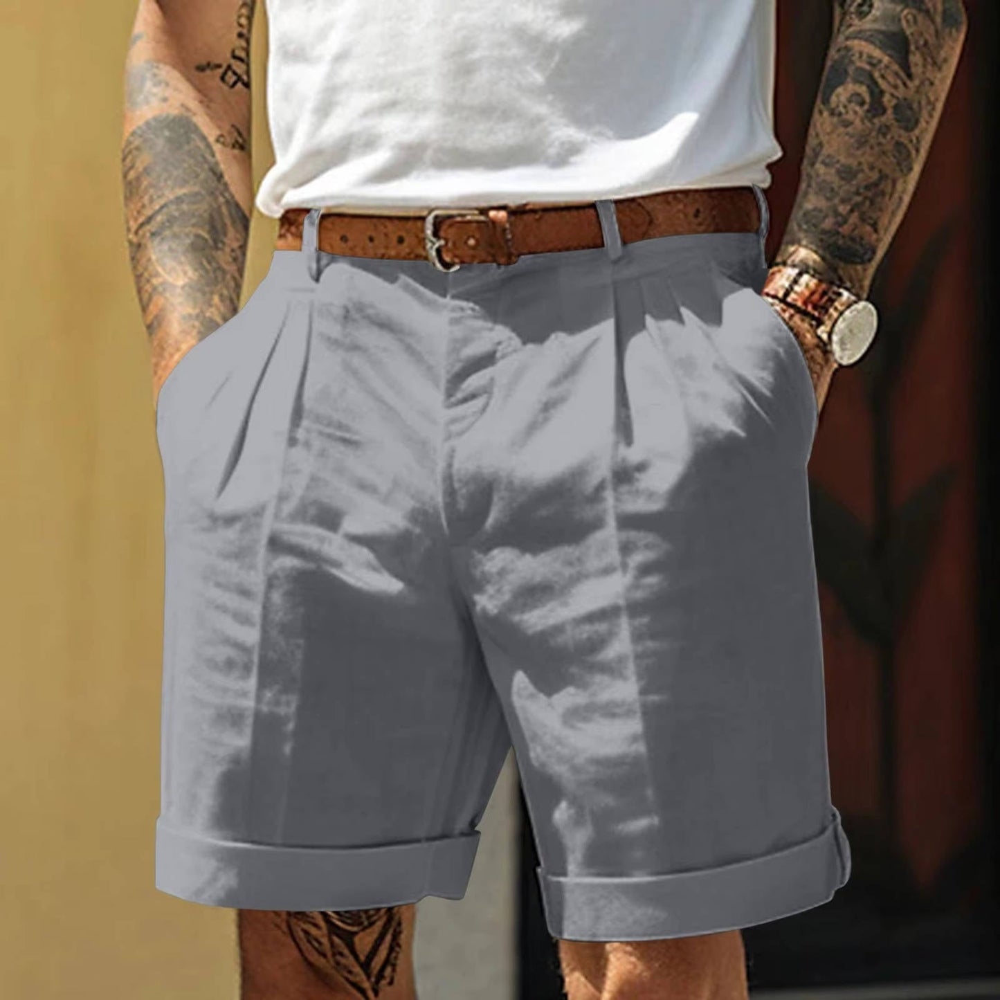 Shorts Homme Blanc Classique À Plis En Mélange Coton Lin Avec Ourlet Replié Pour Confort Quotidien