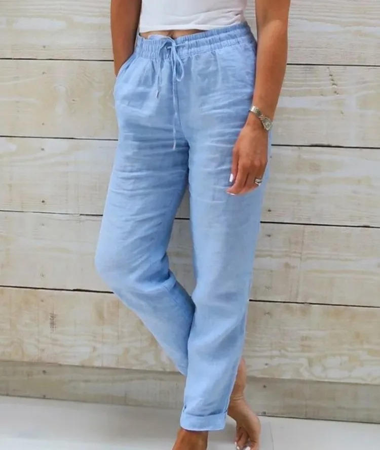 Pantalon Femme En Lin À Taille Élastique Confort Estival Décontracté Pour Sorties