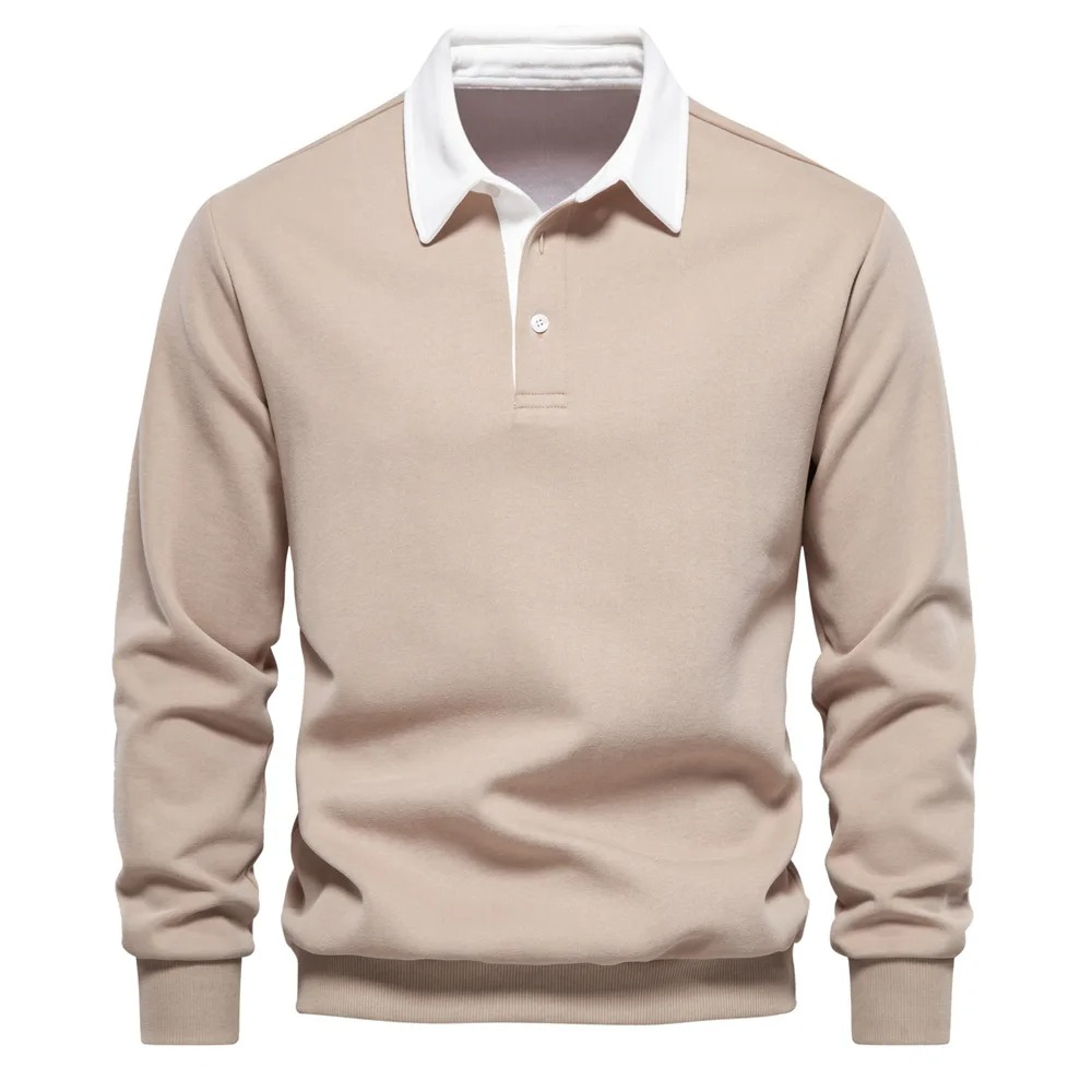 Polo Homme À Manches Longues En Mélange Coton Confort Coupe Décontractée Pour Quotidien Col Blanc