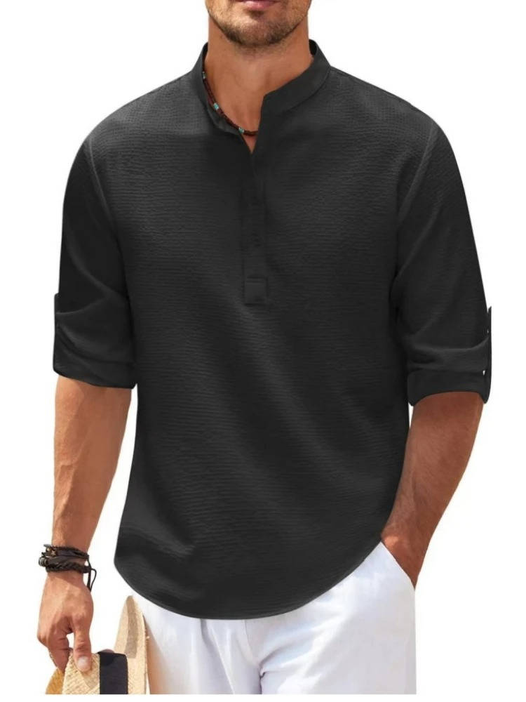 Chemise Henley Texturée À Maille Gauffrée Beige Manches Retroussées Pour Confort Décontracté Quotidien