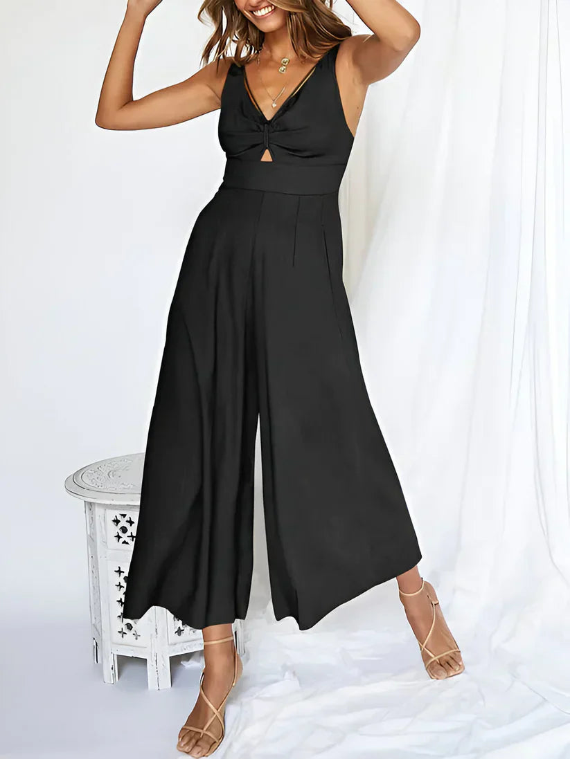 Combinaison Sans Manches Femme Col En V Taille Haute Évasée Bleu Marine Confort