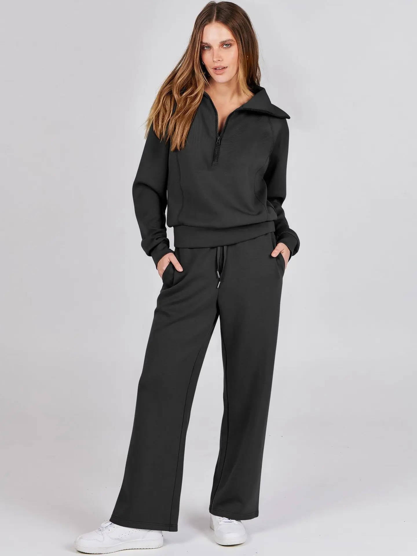 Amawinc Ensembles Deux Pièces Lounge Pour Femme Confort Quotidien Avec Sweat Col V Demi Zip