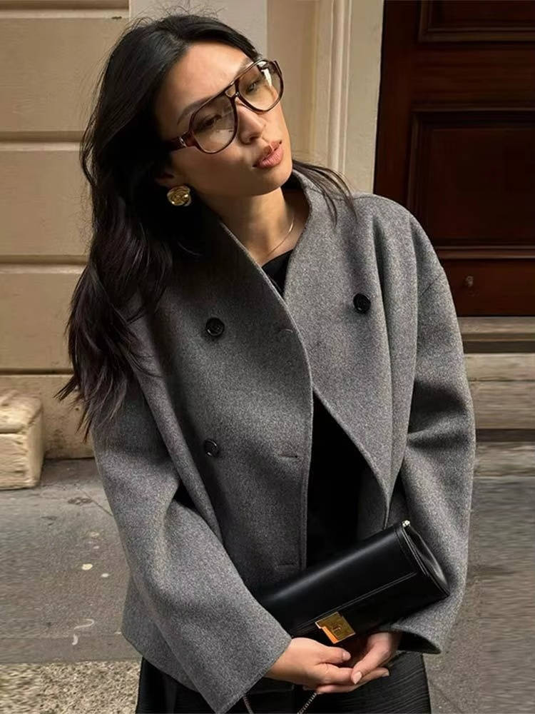 Manteau Croppé En Laine Pour Femme À Double Boutonnage Col Montant Silhouette Élégante Pour Tous Les Jours