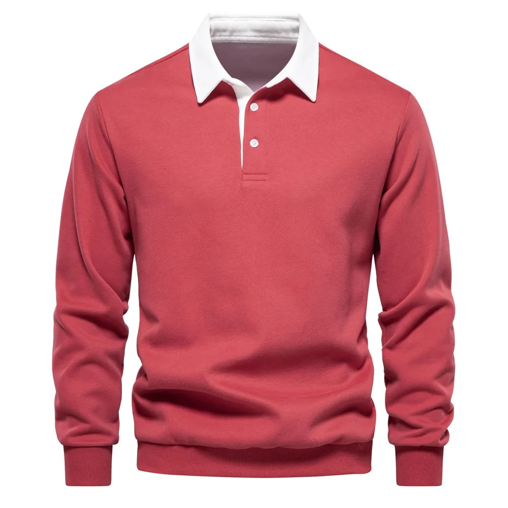 Polo Homme À Manches Longues En Mélange Coton Confort Coupe Décontractée Pour Quotidien Col Blanc