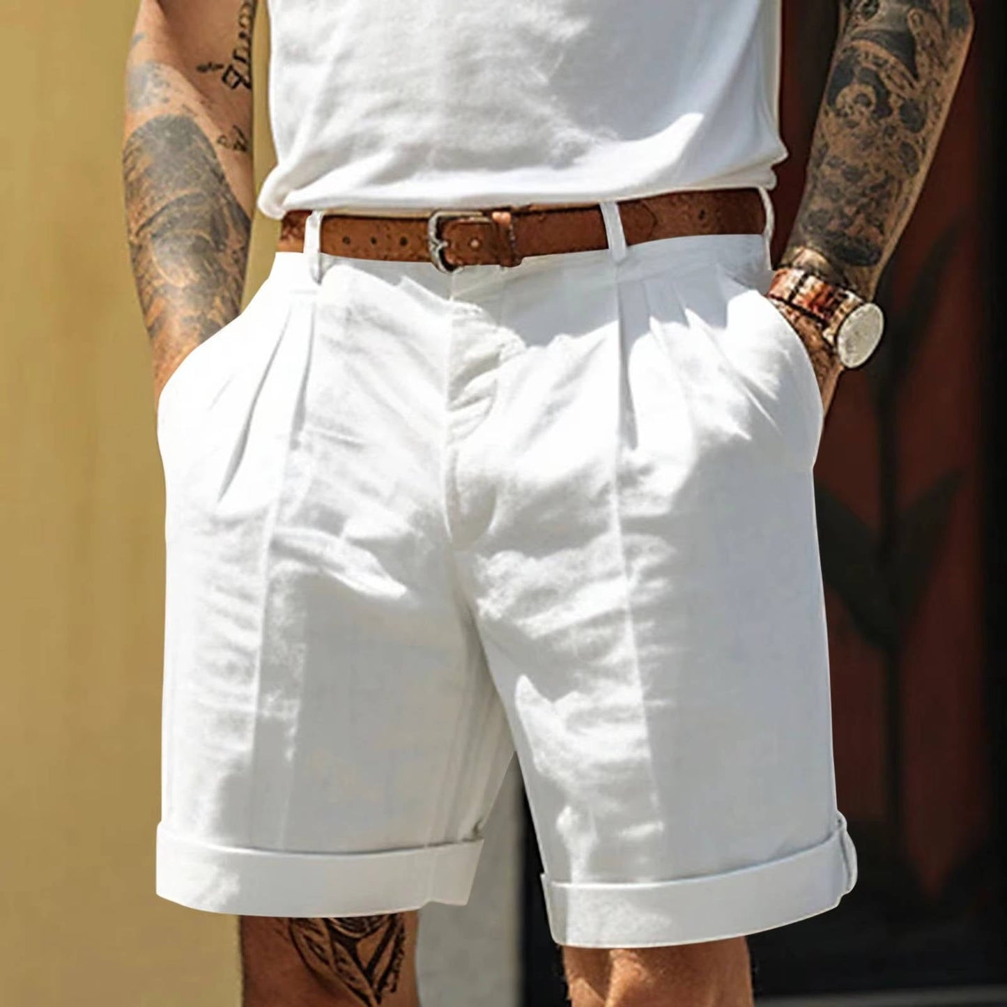 Shorts Homme Blanc Classique À Plis En Mélange Coton Lin Avec Ourlet Replié Pour Confort Quotidien