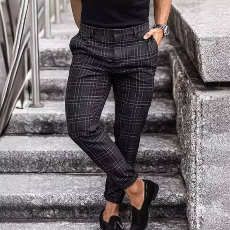 Pantalon Homme Décontracté Carreaux Slim Fit Avec Tissu Extensible Pour Travail Weekend Et Quotidien