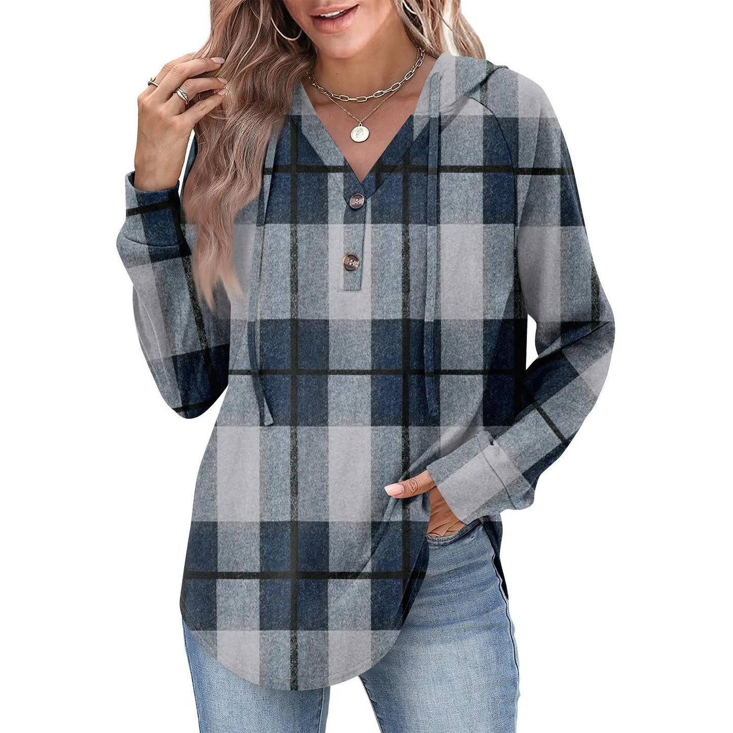 Tops Femme Sweat À Capuche Col En V Boutons Ajustables Pour Look Décontracté Amawinc