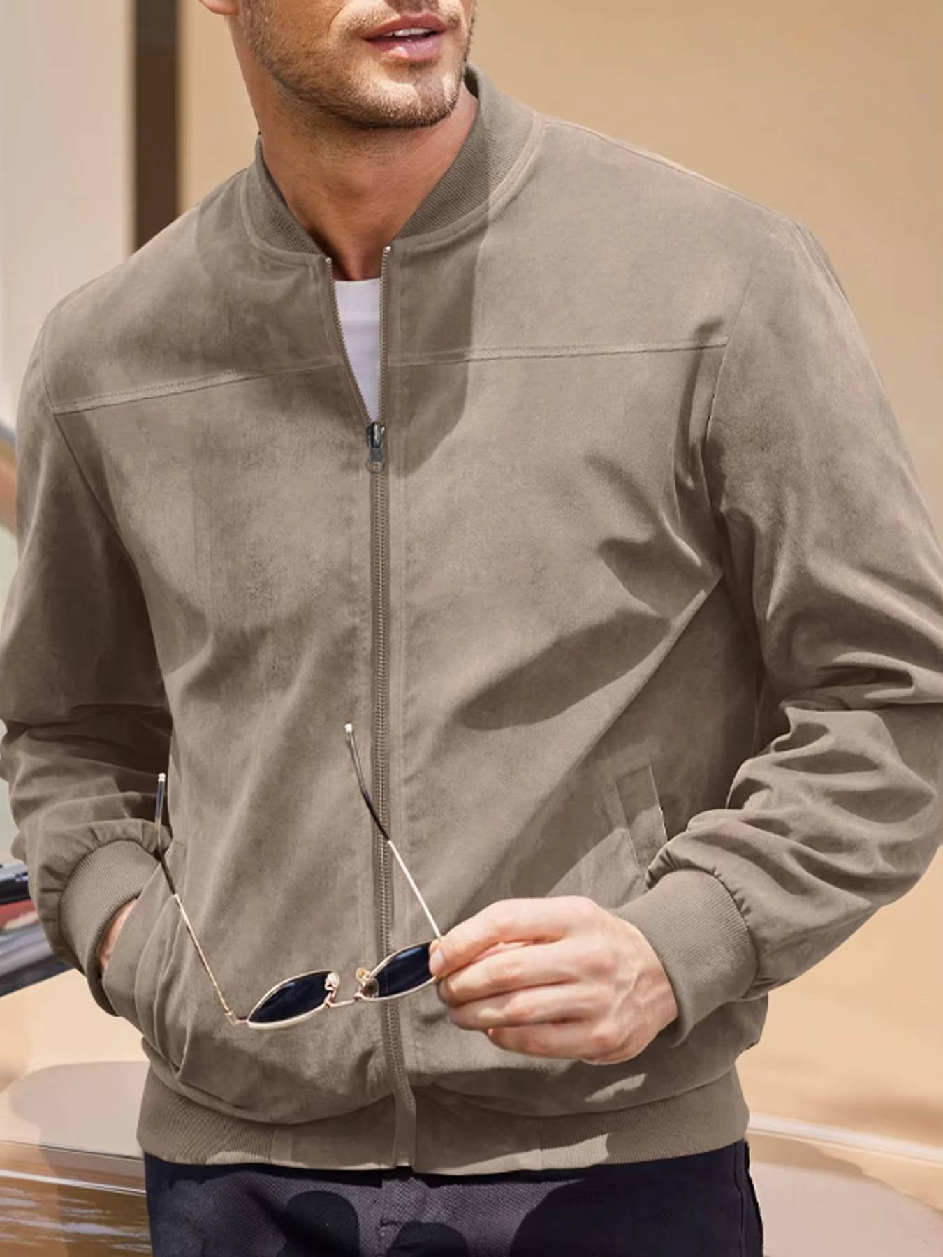 Veste Pour Homme En Daim Déperlante Coupe Vent Légère Bomber Moderne Toutes Saisons