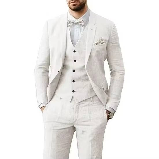 Costume Lin Décontracté Trois Pièces Pour Homme Avec Gilet Bleu Clair Pour Mariages D'Été Par Amawinc