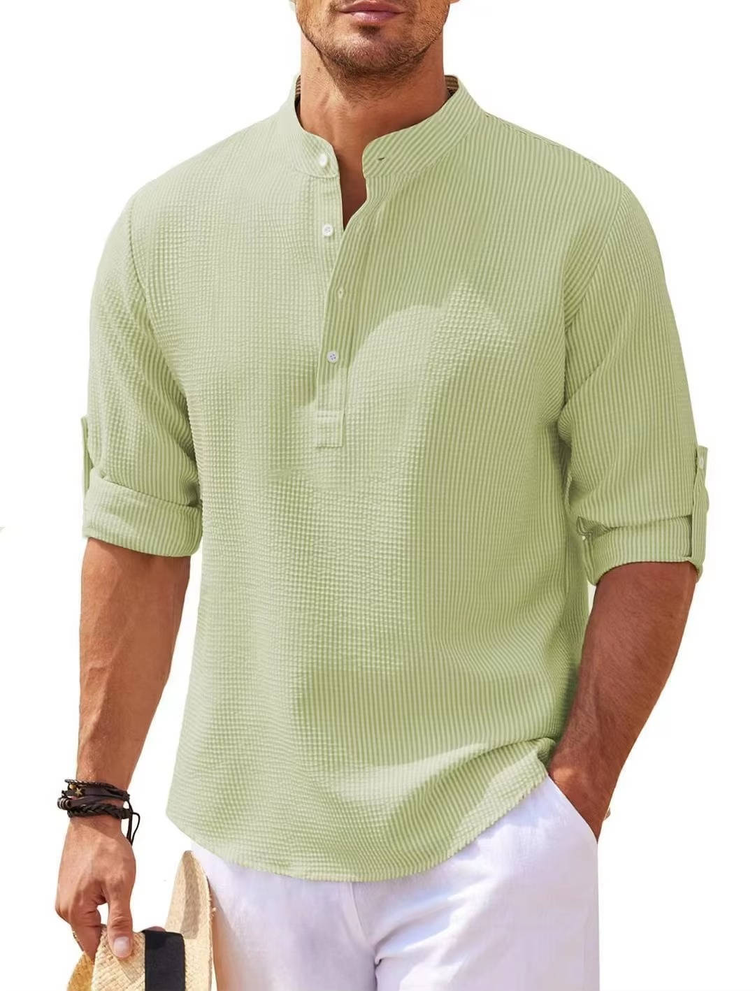 Chemise Henley Texturée À Maille Gauffrée Beige Manches Retroussées Pour Confort Décontracté Quotidien