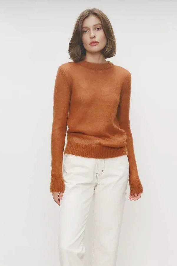 Pull Femme En Maille Mohair Léger Col Rond Manches Longues Pour Décontracté Et Chic