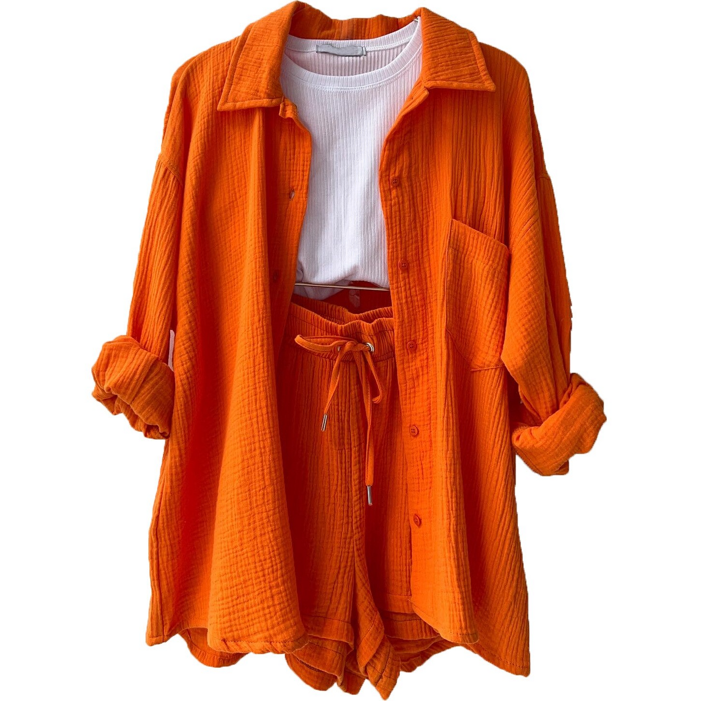 Ensemble Femme Coton Léger Avec Chemise À Boutons Et Short À Taille Elastique Confort Quotidien Été Décontracté