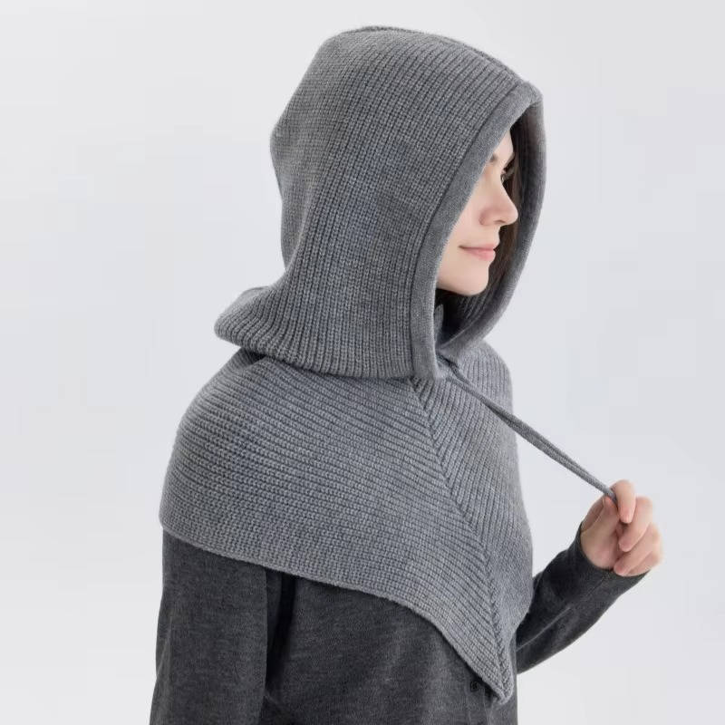 Bonnet En Maille Beige Avec Capuche Et Écharpe Intégrée Pour Hiver Chaleur Confort Du Cou Et Cordon De Serrage